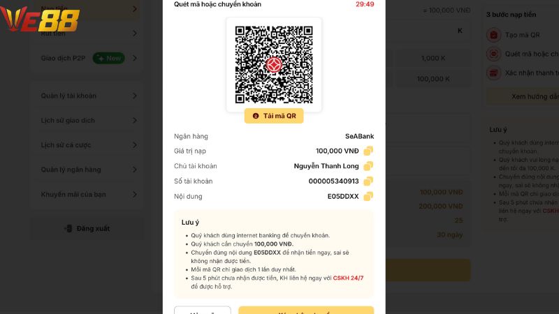 Hướng dẫn nạp tiền VE88 bằng ngân hàng