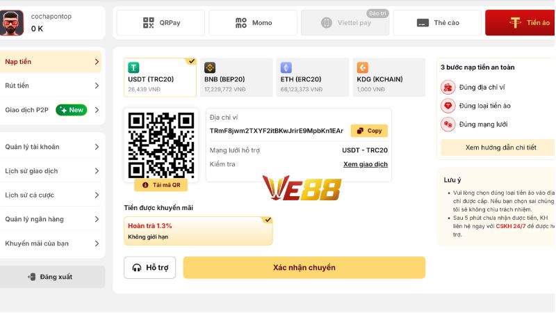 Hướng dẫn nạp tiền VE88 bằng tiền ảo
