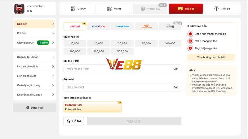 Hướng dẫn nạp tiền VE88 qua thẻ cào điện thoại