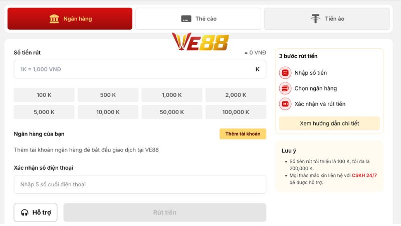 Rút tiền VE88 qua STK ngân hàng