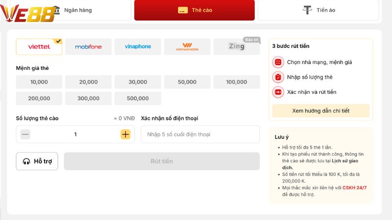 Rút tiền VE88 qua thẻ cào điện thoại